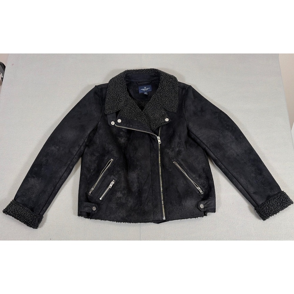 American Eagle Womens Faux Suede Shearling Moto Jacket Black Large 2706397171